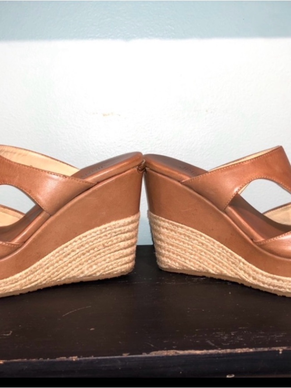 Jimmy Choo Tan Leather Espadrille Platform Wedge Slides